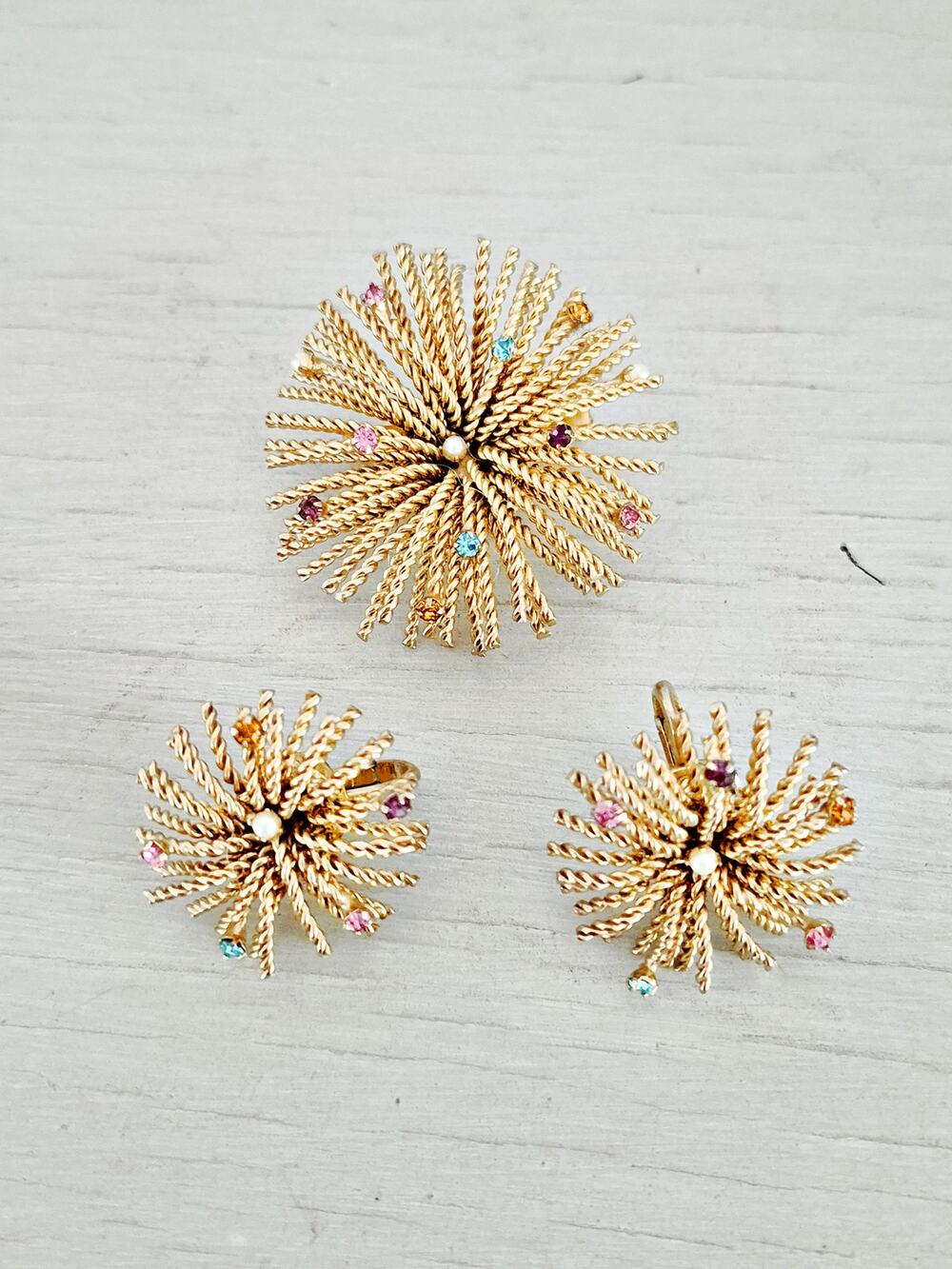 Vintage Bergere Designer Starburst Multi-color Rhinestone Brooch and Earring Set